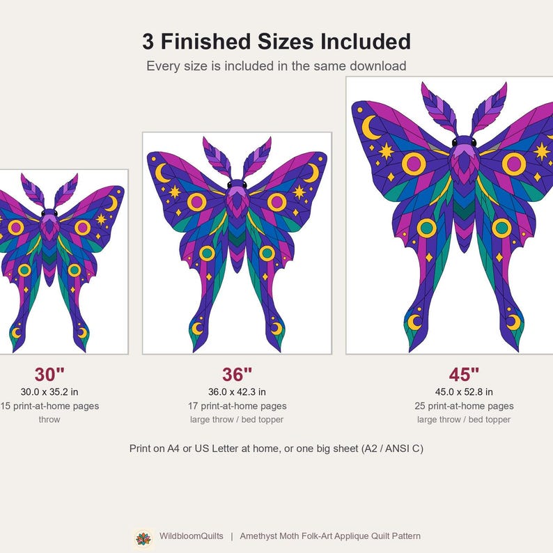 Amethyst Moth Quilt Pattern, Raw Edge Fusible Applique PDF, Celestial Moth Pattern, Patchwork Wall Hanging, Folk Art Quilt Template image 14