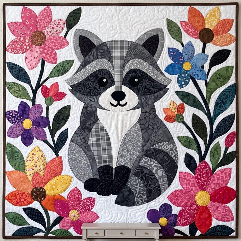 Raccoon Quilt Pattern, Raw Edge Fusible Applique, Animal Quilt Pattern PDF, Patchwork Wall Hanging, Folk Art Quilt Template image 8