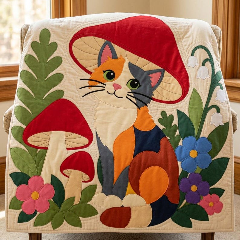 猫とキノコのキルトパターン、切りっぱなしの接着芯アップリケPDF、キャリコ猫キルトパターン、パッチワーク壁掛け、フォークアートキルトテンプレート 画像 14
