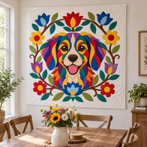 Patrón de edredón Perro Arcoíris, Edredón con apliques y collage, Patrón de edredón de animales en PDF, Tapiz de pared de patchwork, Plantilla de perro de arte popular imagen 9
