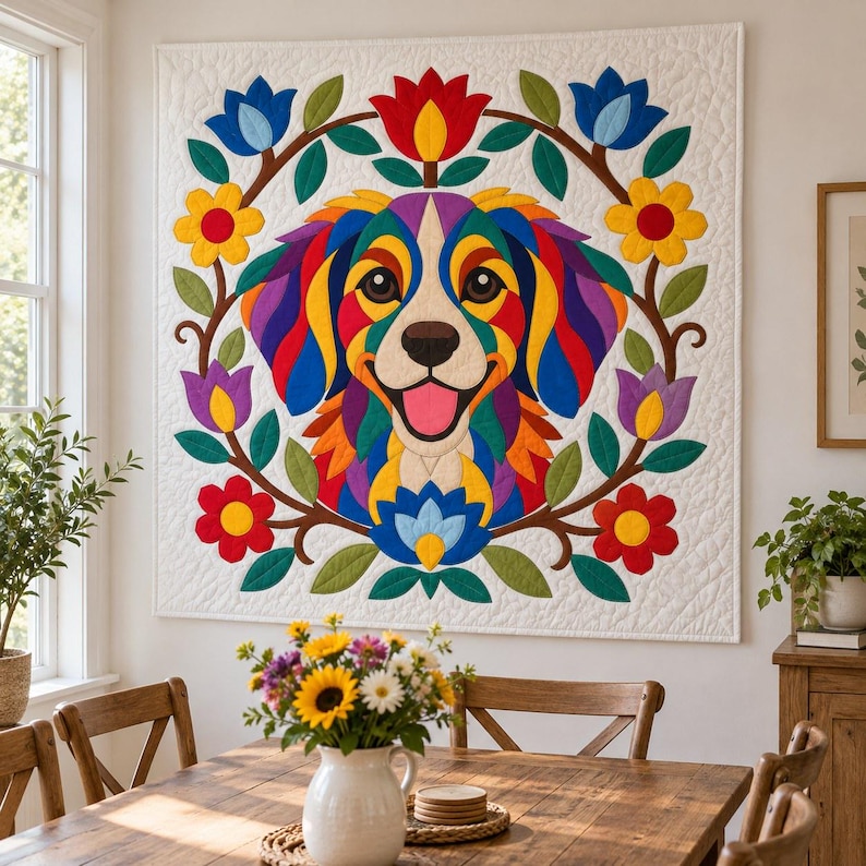 Patrón de edredón Perro Arcoíris, Edredón con apliques y collage, Patrón de edredón de animales en PDF, Tapiz de pared de patchwork, Plantilla de perro de arte popular imagen 9