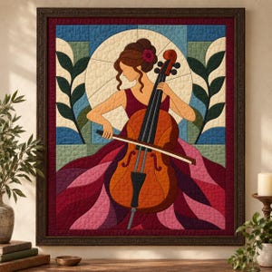 Puede incluir: Un tapiz de tela enmarcado con una ilustración acolchada de una persona tocando el violonchelo. La escena incluye un gran fondo circular, hojas verdes estilizadas y la persona música vistiendo un vestido rojo oscuro con una flor.