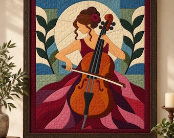 Patrón de colcha para violonchelista, colcha con apliques y collage, patrón de colcha para amantes de la música en PDF, tapiz de patchwork, plantilla de colcha de arte popular