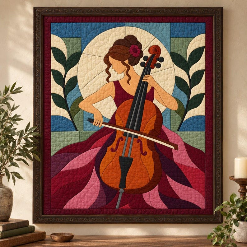 Quiltmuster für Cellisten, Applikations- und Collage-Quilt, Quiltmuster für Musikliebhaber (PDF), Patchwork-Wandbehang, Quiltvorlage im Stil der Volkskunst Bild 1