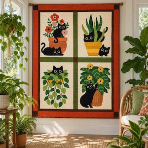 Black Cat Quilt Pattern, Applique & Collage Quilt, Houseplant Cat Quilt PDF, Patchwork Wall Hanging, Folk Art Animal Quilt Template image 10