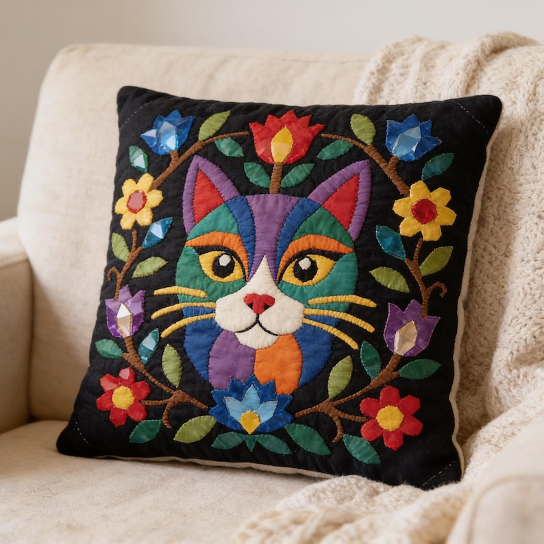Cat Quilt Pattern, Floral Cat Wall Hanging Quilt Pattern PDF, Easy Applique Quilt for Beginners, Cat Lover Gift, Raw Edge Fusible Applique image 9