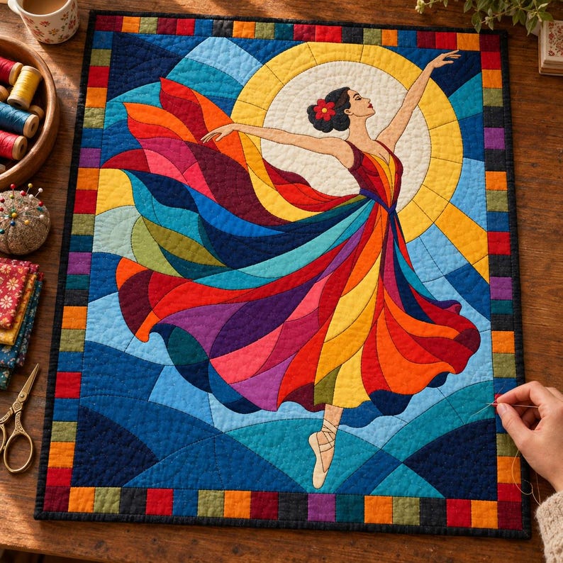 Patrón de colcha de bailarina de vidrieras, colcha de apliques y collage en PDF, patrón de colcha de bailarina, tapiz de patchwork, plantilla de colcha de arte popular imagen 1