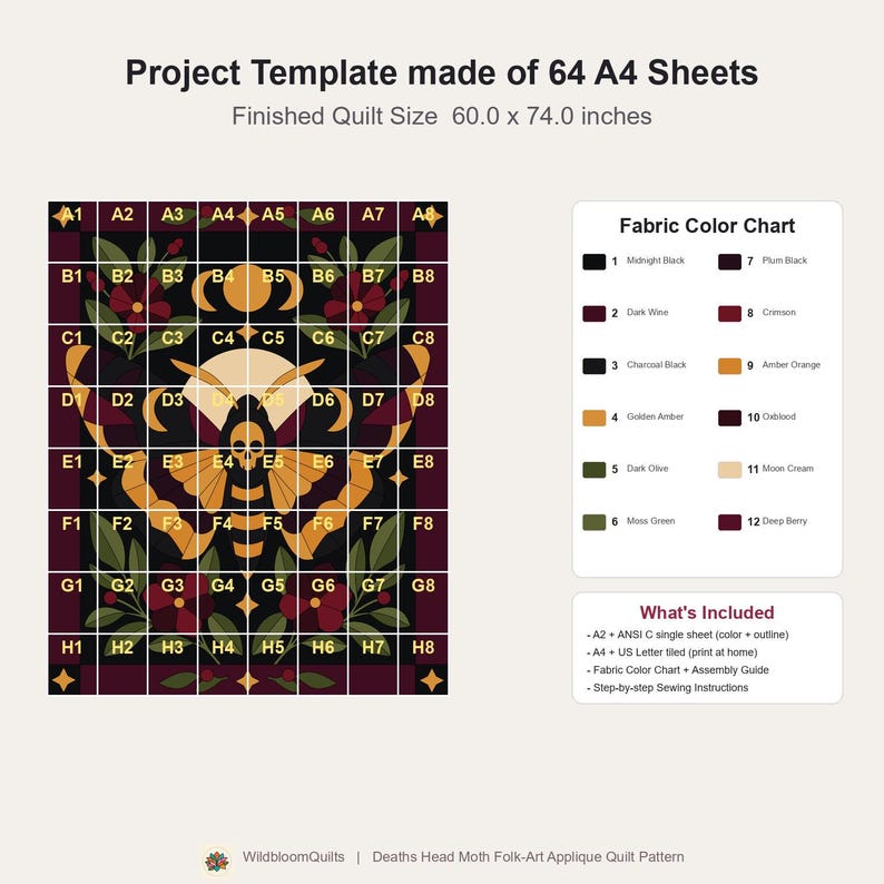 Death's Head Moth Quilt Pattern, Applique & Collage Quilt, Gothic Moth PDF Pattern, Patchwork Wall Hanging, Folk Art Quilt Template image 17