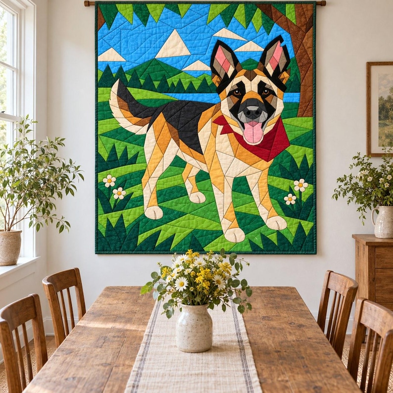 Quiltmuster für einen Deutschen Schäferhund, Applikations- und Collage-Hundequilt, Tierquiltmuster (PDF), Patchwork-Wandbehang, Quiltvorlage im Volkskunststil Bild 7