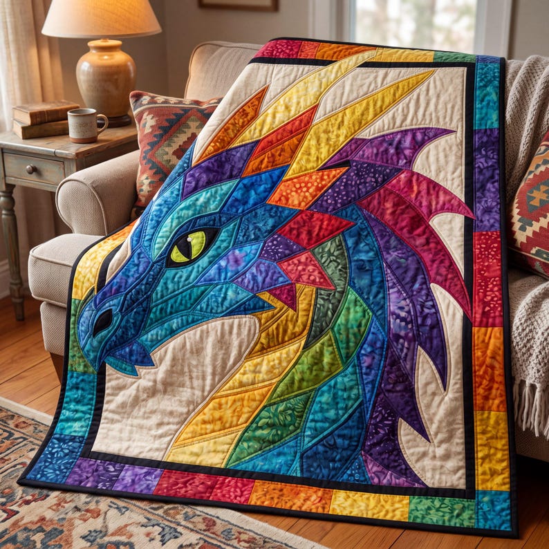 Dragon Quilt Pattern, Applique & Collage Quilt, Animal Quilt Pattern PDF, Patchwork Wall Hanging, Folk Art Dragon Template image 2