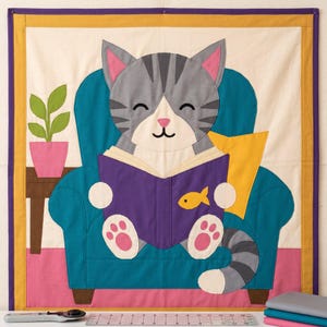 Reading Cat Quilt Pattern, Raw Edge Fusible Applique, Cat Quilt Pattern PDF, Patchwork Wall Hanging, Folk Art Quilt Template image 14