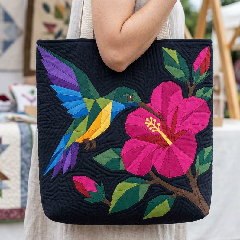 Hummingbird Quilt Pattern, Raw Edge Fusible Applique PDF, Tropical Bird Quilt Pattern, Hibiscus Patchwork Wall Hanging image 14