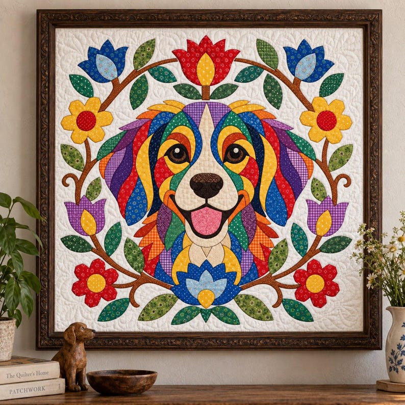 Patrón de edredón Perro Arcoíris, Edredón con apliques y collage, Patrón de edredón de animales en PDF, Tapiz de pared de patchwork, Plantilla de perro de arte popular imagen 14