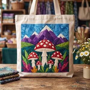 Mushroom Mountain Quilt Pattern, Raw Edge Fusible Applique, Toadstool Quilt Pattern PDF, Patchwork Wall Hanging, Folk Art Quilt Template image 7