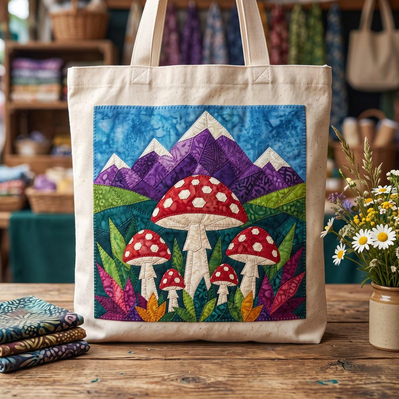 Mushroom Mountain Quilt Pattern, Raw Edge Fusible Applique, Toadstool Quilt Pattern PDF, Patchwork Wall Hanging, Folk Art Quilt Template image 7