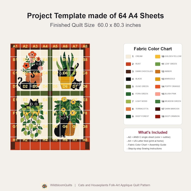Black Cat Quilt Pattern, Applique & Collage Quilt, Houseplant Cat Quilt PDF, Patchwork Wall Hanging, Folk Art Animal Quilt Template image 7