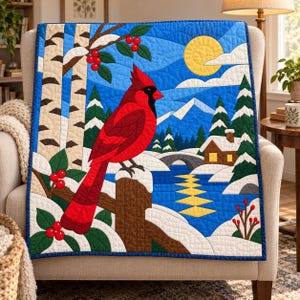 Quiltmuster „Winterkardinal“, Applikations- und Collage-Quilt, Vogel-Quiltmuster (PDF), Patchwork-Wandbehang, Quiltvorlage im Stil der Volkskunst Bild 6