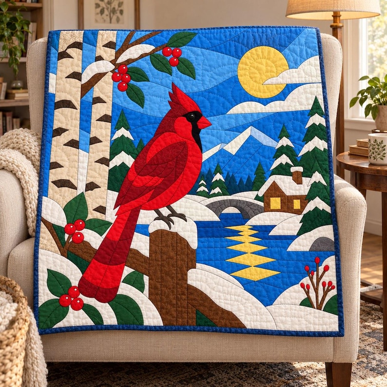 Quiltmuster „Winterkardinal“, Applikations- und Collage-Quilt, Vogel-Quiltmuster (PDF), Patchwork-Wandbehang, Quiltvorlage im Stil der Volkskunst Bild 6