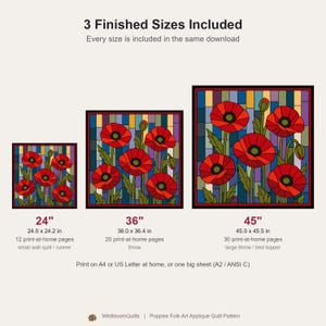 Klaprozenquiltpatroon, applicatie met rafelige rand en strijkapplicatie, bloemenquiltpatroon (PDF), patchwork wandkleed, sjabloon voor een quilt in volkskunststijl afbeelding 3