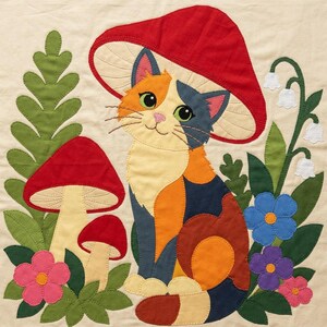 猫とキノコのキルトパターン、切りっぱなしの接着芯アップリケPDF、キャリコ猫キルトパターン、パッチワーク壁掛け、フォークアートキルトテンプレート 画像 15
