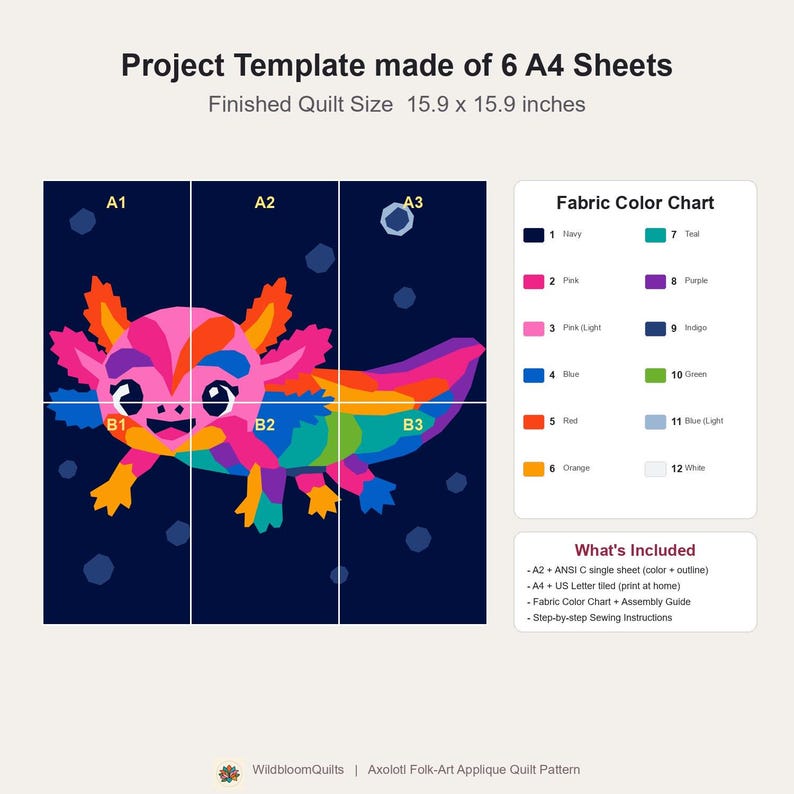 Axolotl Quilt Pattern, Kids Wall Hanging Quilt Pattern PDF, Easy Applique Quilt for Beginners, Raw Edge Fusible Applique image 10