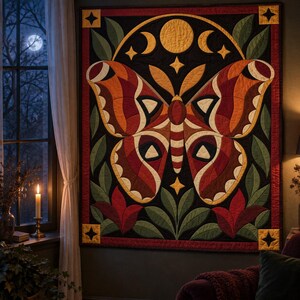 Atlas Moth Quilt Pattern, Applique & Collage Quilt PDF, Moon Phase Quilt Pattern, Folk Art Wall Hanging, Botanical Patchwork Template image 6