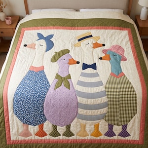 Dressed Geese Quilt Pattern, 2 Designs & 5 Sizes up to 60in, Raw Edge Fusible Applique, Animal Quilt Pattern PDF, Folk Art Geese Bed Quilt image 4