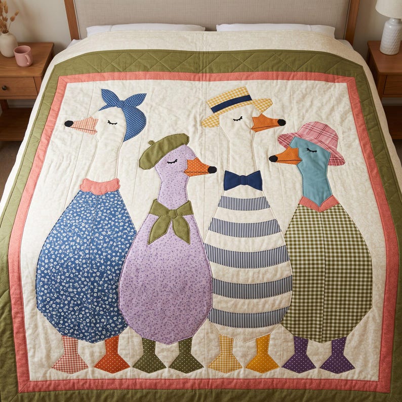 Dressed Geese Quilt Pattern, 2 Designs & 5 Sizes up to 60in, Raw Edge Fusible Applique, Animal Quilt Pattern PDF, Folk Art Geese Bed Quilt image 4