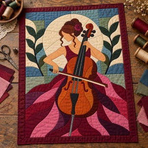 Quiltmuster für Cellisten, Applikations- und Collage-Quilt, Quiltmuster für Musikliebhaber (PDF), Patchwork-Wandbehang, Quiltvorlage im Stil der Volkskunst Bild 2