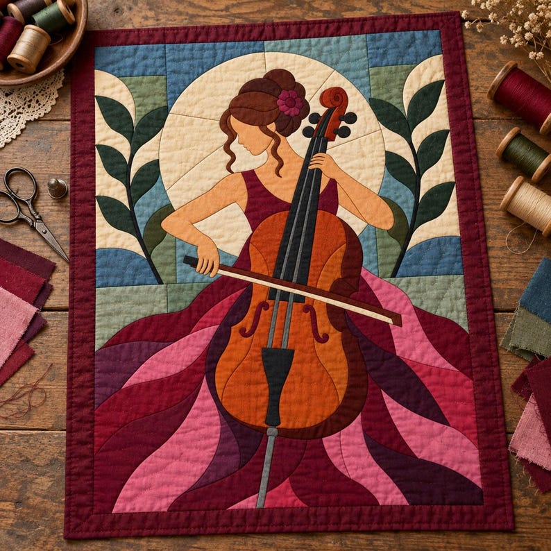 Quiltmuster für Cellisten, Applikations- und Collage-Quilt, Quiltmuster für Musikliebhaber (PDF), Patchwork-Wandbehang, Quiltvorlage im Stil der Volkskunst Bild 2