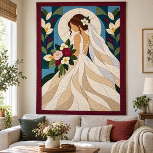Bride Quilt Pattern, Applique & Collage Quilt, Wedding Quilt Pattern PDF, Patchwork Wall Hanging, Folk Art Quilt Template image 11