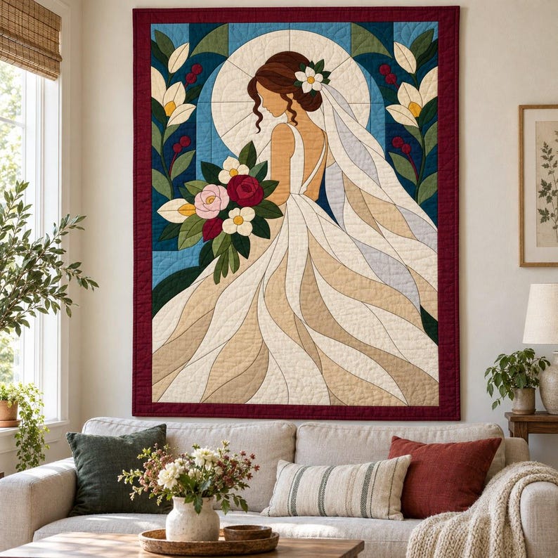 Bride Quilt Pattern, Applique & Collage Quilt, Wedding Quilt Pattern PDF, Patchwork Wall Hanging, Folk Art Quilt Template image 11