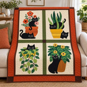 Black Cat Quilt Pattern, Applique & Collage Quilt, Houseplant Cat Quilt PDF, Patchwork Wall Hanging, Folk Art Animal Quilt Template image 13