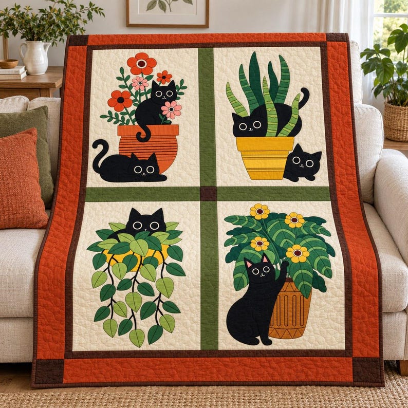Black Cat Quilt Pattern, Applique & Collage Quilt, Houseplant Cat Quilt PDF, Patchwork Wall Hanging, Folk Art Animal Quilt Template image 13