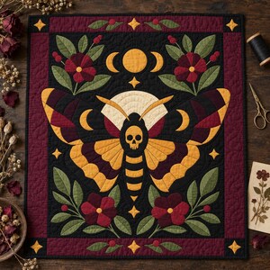 Death's Head Moth Quilt Pattern, Applique & Collage Quilt, Gothic Moth PDF Pattern, Patchwork Wall Hanging, Folk Art Quilt Template image 8
