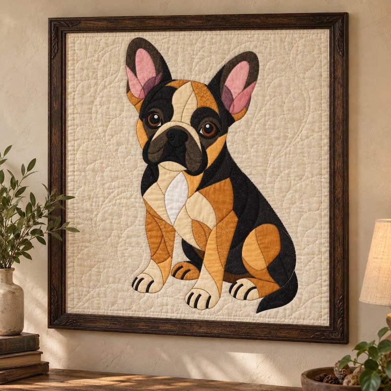 French Bulldog Quilt Pattern, Applique & Collage Quilt, Dog Quilt Pattern PDF, Patchwork Wall Hanging, Folk Art Quilt Template image 1
