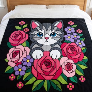 Cat with Roses Quilt Pattern, Cat Wall Hanging Quilt Pattern PDF, Floral Applique Quilt Pattern, Raw Edge Fusible Applique image 7