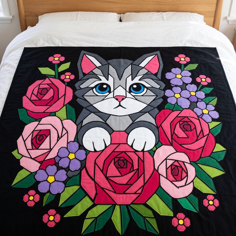 Cat with Roses Quilt Pattern, Cat Wall Hanging Quilt Pattern PDF, Floral Applique Quilt Pattern, Raw Edge Fusible Applique image 7