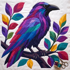 Modèle de courtepointe Corbeau, Appliqué thermocollant à bords francs (PDF), Modèle de courtepointe Oiseau, Décoration murale patchwork, Gabarit de courtepointe animal d'art populaire image 8