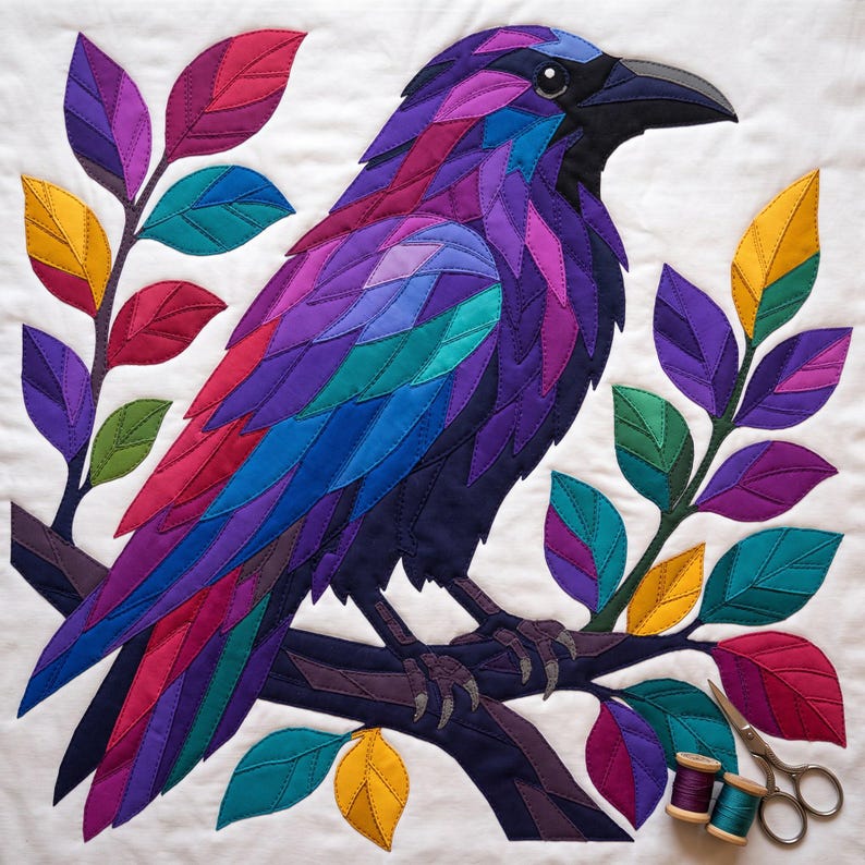 Modèle de courtepointe Corbeau, Appliqué thermocollant à bords francs (PDF), Modèle de courtepointe Oiseau, Décoration murale patchwork, Gabarit de courtepointe animal d'art populaire image 8