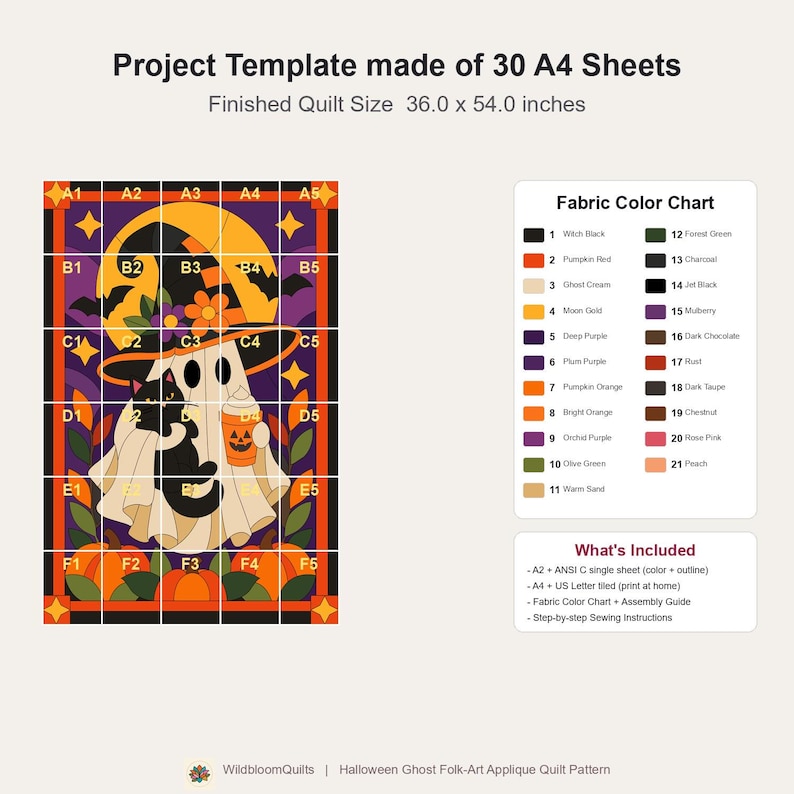 Halloween Ghost Quilt Pattern, Applique & Collage Quilt, Black Cat Quilt Pattern PDF, Patchwork Wall Hanging, Witch Hat Pumpkin Template image 6