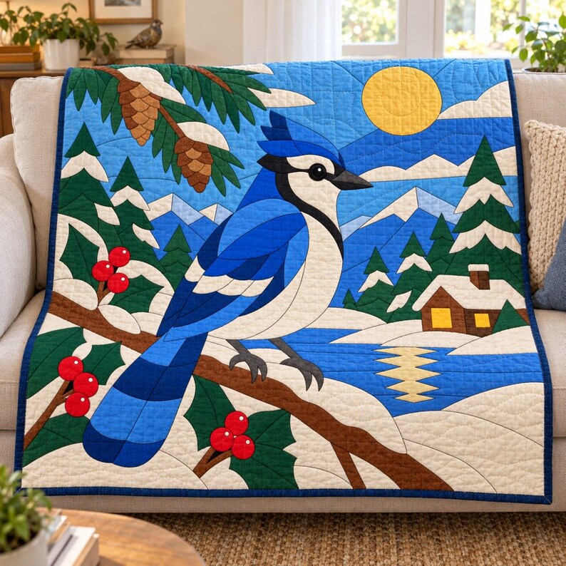 Blue Jay Quilt Pattern, Applique & Collage Quilt, Winter Bird Quilt Pattern PDF, Patchwork Wall Hanging, Folk Art Quilt Template image 11