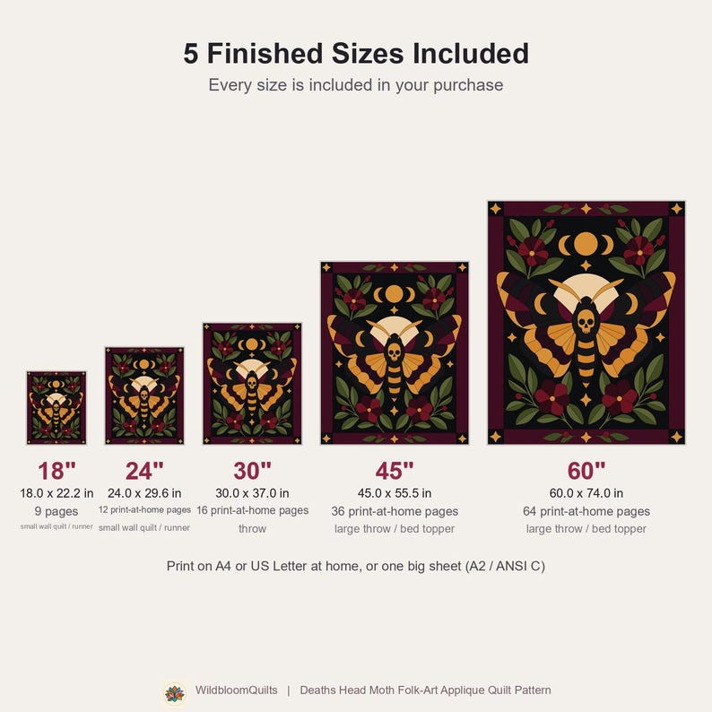 Death's Head Moth Quilt Pattern, Applique & Collage Quilt, Gothic Moth PDF Pattern, Patchwork Wall Hanging, Folk Art Quilt Template image 3