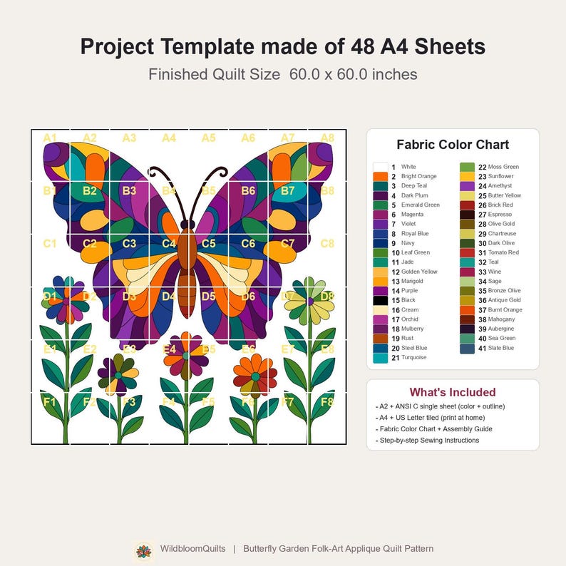 Butterfly Garden Quilt Pattern, Raw Edge Fusible Applique PDF, Folk Art Animal Quilt, Patchwork Wall Hanging Template image 20