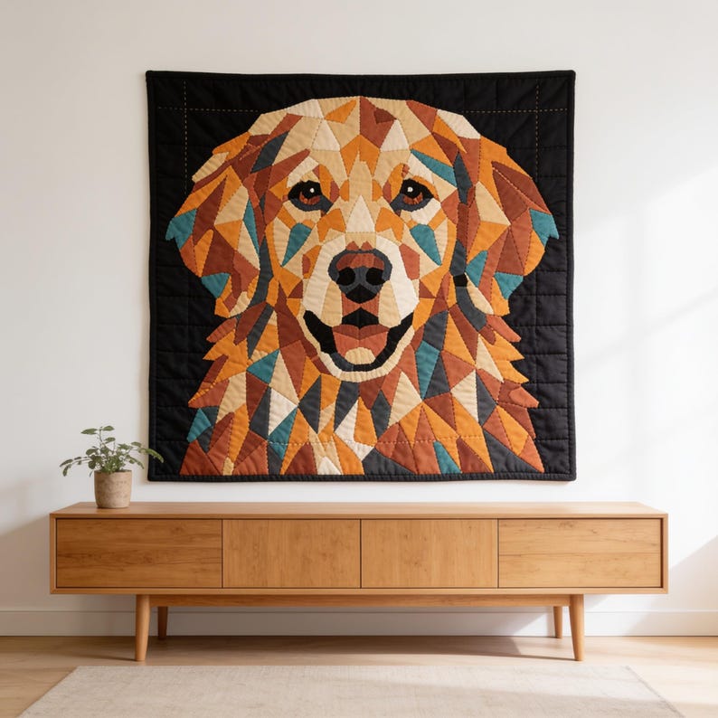 May include: A square wall hanging featuring a geometric, mosaic-style portrait of a golden dog. The dog is composed of triangular fabric patches in shades of gold, brown, cream, and teal, set against a solid black background with visible stitching.
