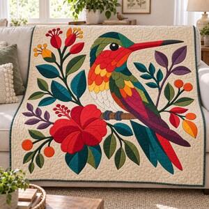 Patrón de colcha de colibrí, colcha de apliques y collage, patrón de colcha floral tropical en PDF, tapiz bohemio, plantilla de colcha de pájaros de arte popular imagen 11