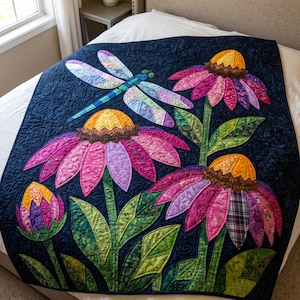 Mönster med trollslända- och solhattblommigt quiltmönster, applikations- och collagequilt i PDF-format, quiltmönster med blommigt djurmönster, applikation med råa kanter och smältbara mönster bild 7
