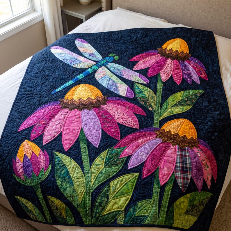 Mönster med trollslända- och solhattblommigt quiltmönster, applikations- och collagequilt i PDF-format, quiltmönster med blommigt djurmönster, applikation med råa kanter och smältbara mönster bild 7