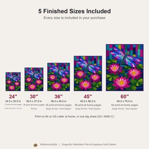Dragonfly Waterlily Quilt Pattern, Raw Edge Fusible Applique PDF, Pond Folk Art Quilt Template, Patchwork Wall Hanging, Animal Quilt Pattern image 3