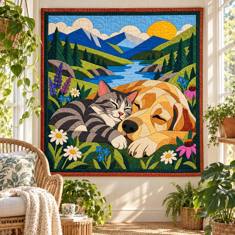 Sleeping Cat and Dog Quilt Pattern, Applique & Collage Quilt PDF, Pet Animal Quilt Pattern, Patchwork Wall Hanging, Folk Art Quilt Template image 7